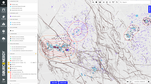 The Sourcenergy screen below shows SRA contours, 3D fault lines, SRA wells, seismic events over 3.0M and daily pinpoint frac locations.